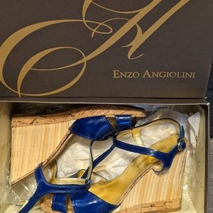Enzo Angiolini Emma T-strap Cork & Bamboo Wedges Blue Leath